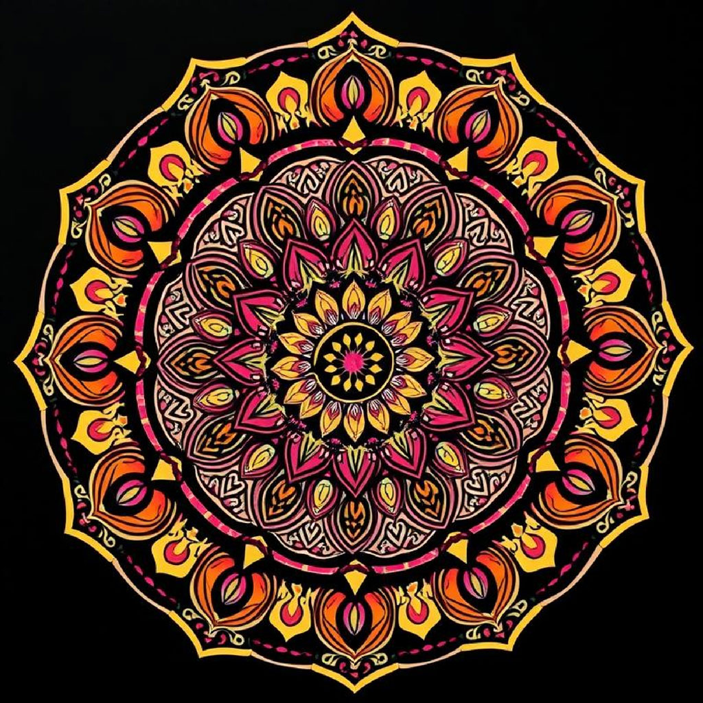 Colorful mandala with intricate designs and floral motifs