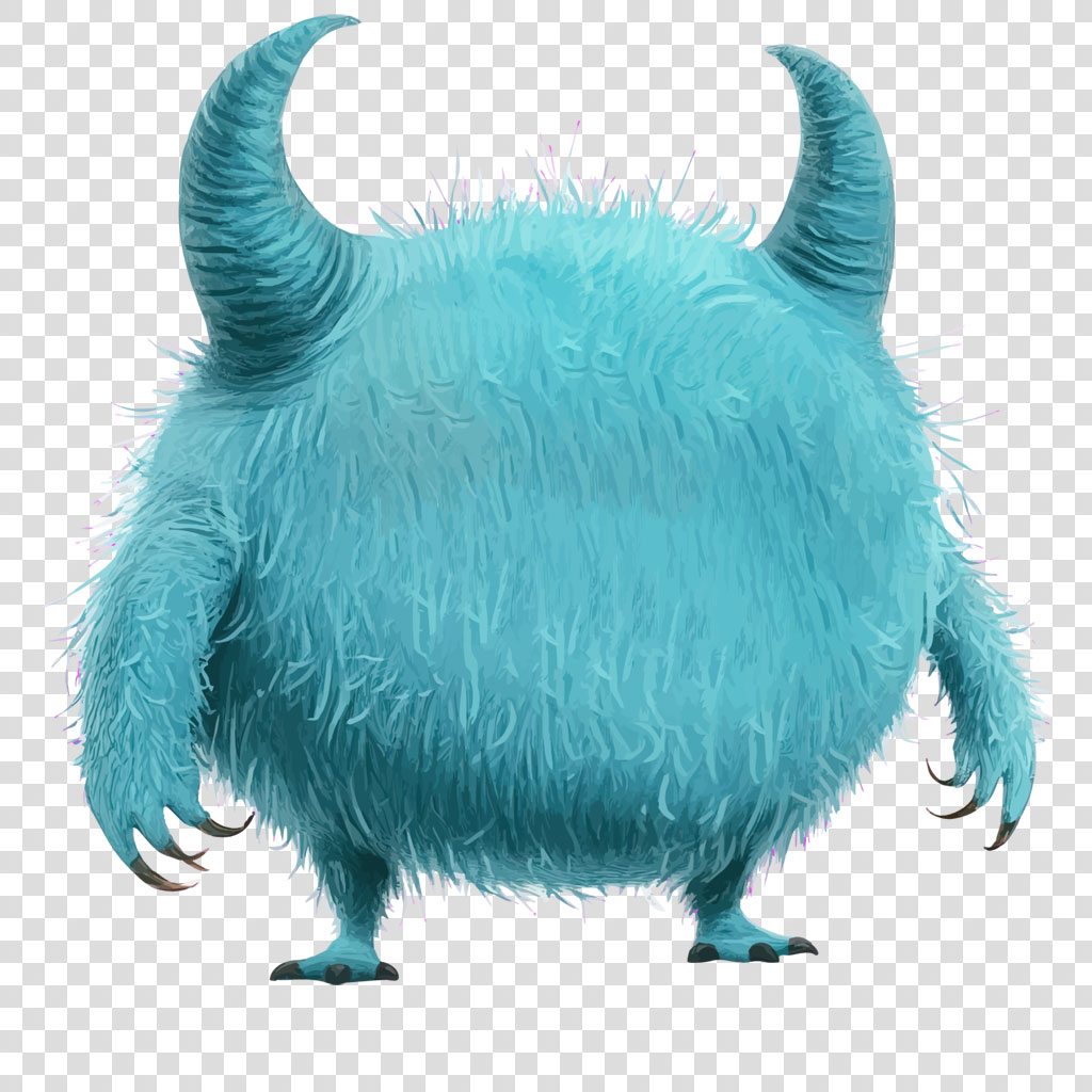 A blue, furry monster with two horns and sharp claws on a white background.