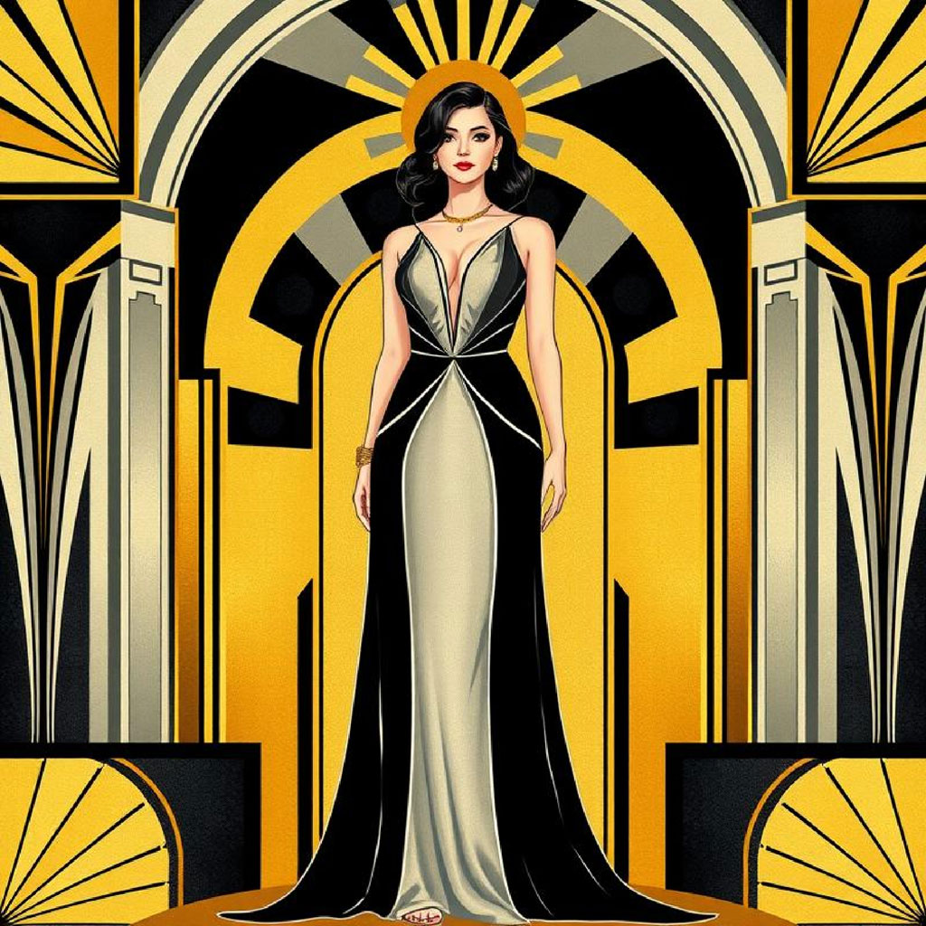 Woman in Art Deco gown standing in front of an ornate doorway
