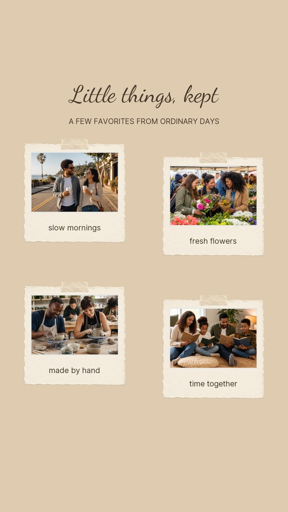 Beige scrapbook-style story template with four small photos and captions for everyday moments.