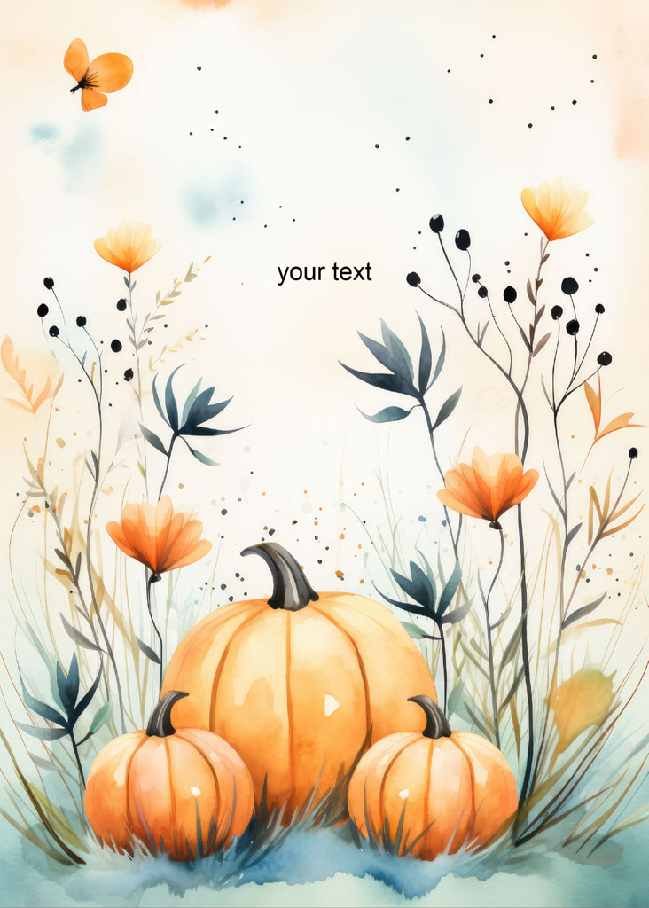 Watercolor illustration of orange pumpkins surrounded by flowers and foliage