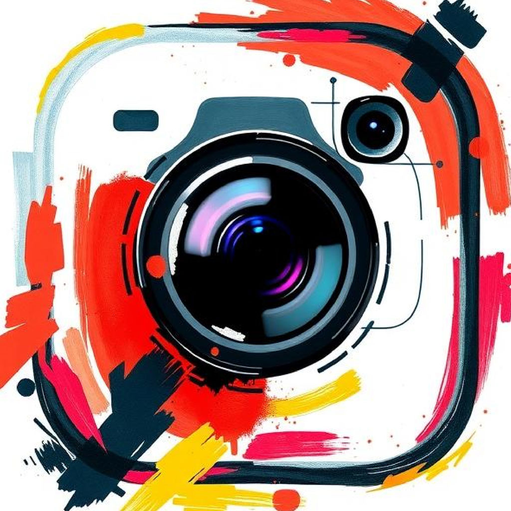 Stylized camera with colorful brush strokes