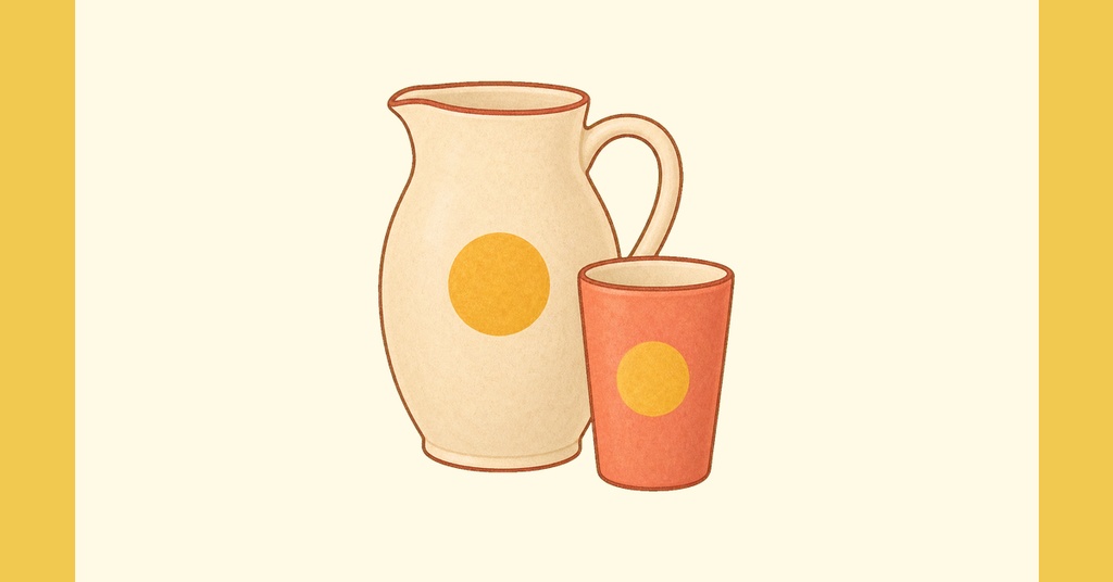 Illustrated citrus pitcher and orange glass on a light background with yellow side bars