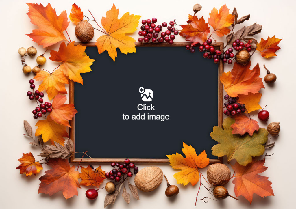 A wooden frame with autumn leaves and berries around it