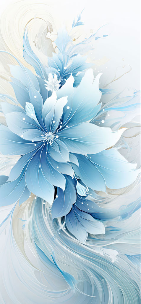 A large blue flower with swirling white and blue patterns in the background.