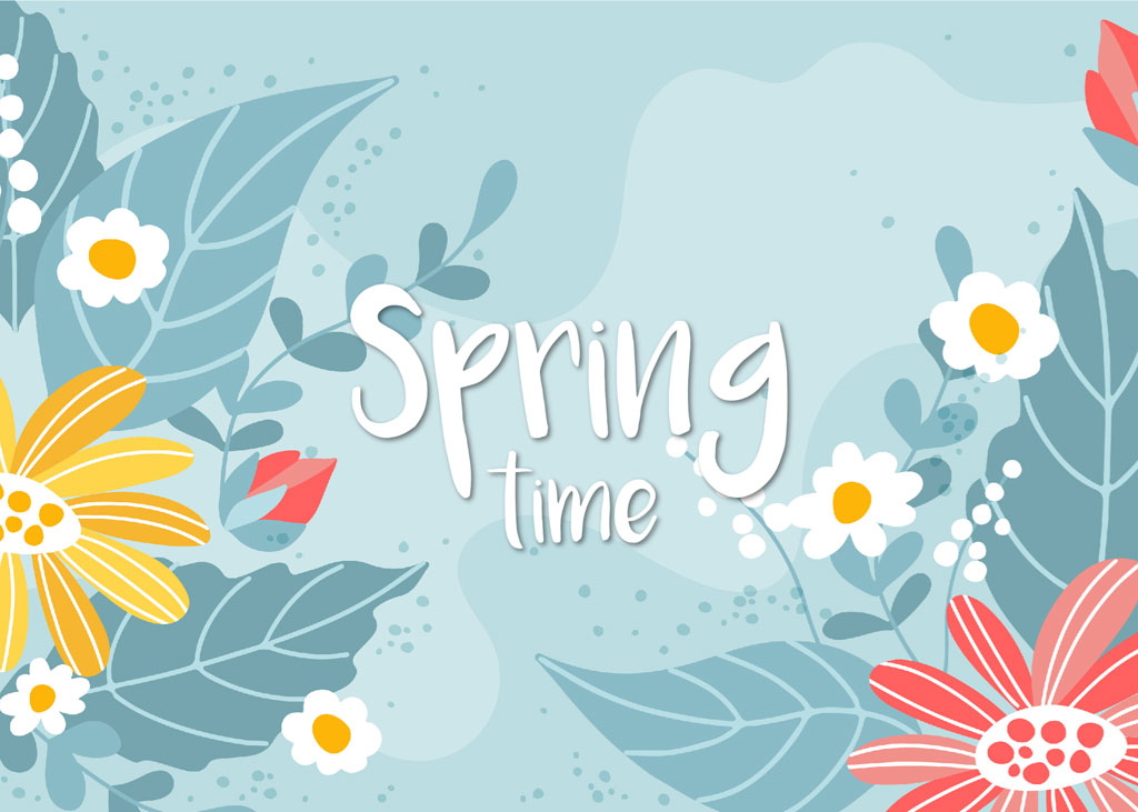 Springtime floral background with yellow, white, and red flowers