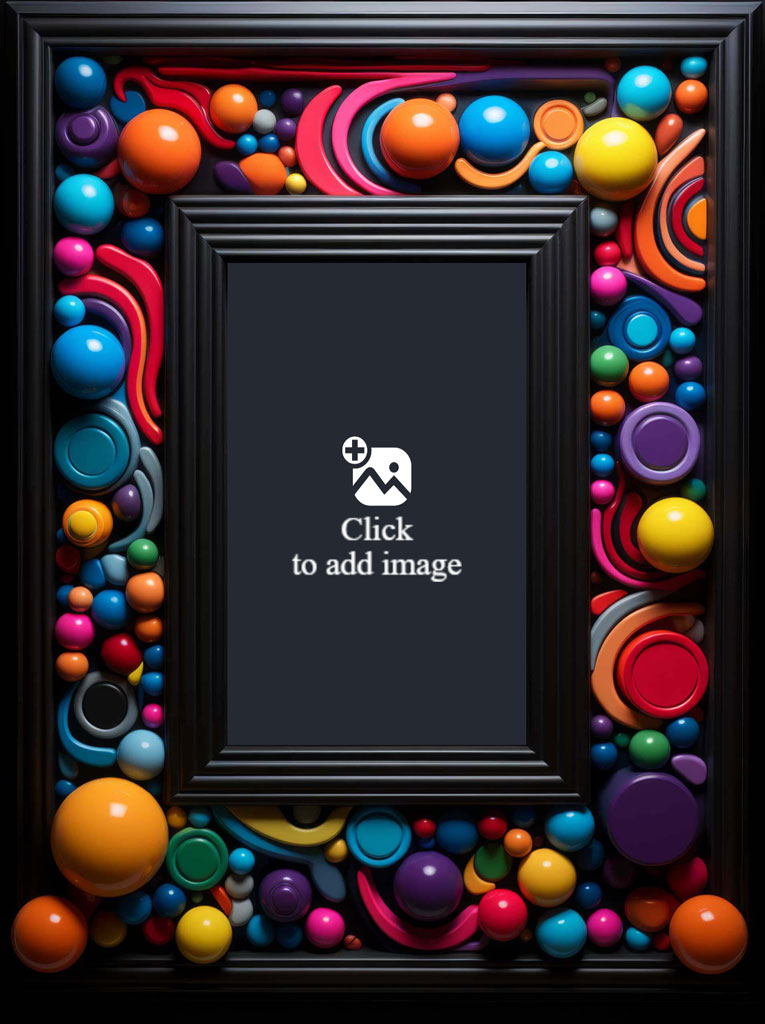 A black frame with a vibrant, multicolored border of 3D spheres and swirls.