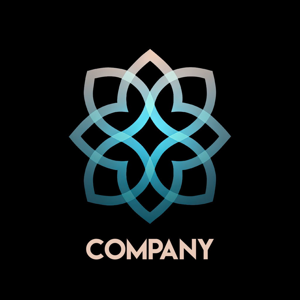 Company logo with a stylized geometric shape and gradient effect