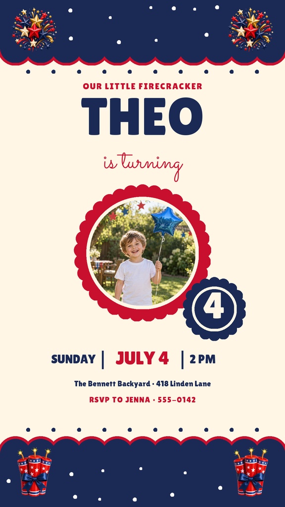 Patriotic birthday story template with fireworks, child photo, and 4th birthday details on navy and cream background