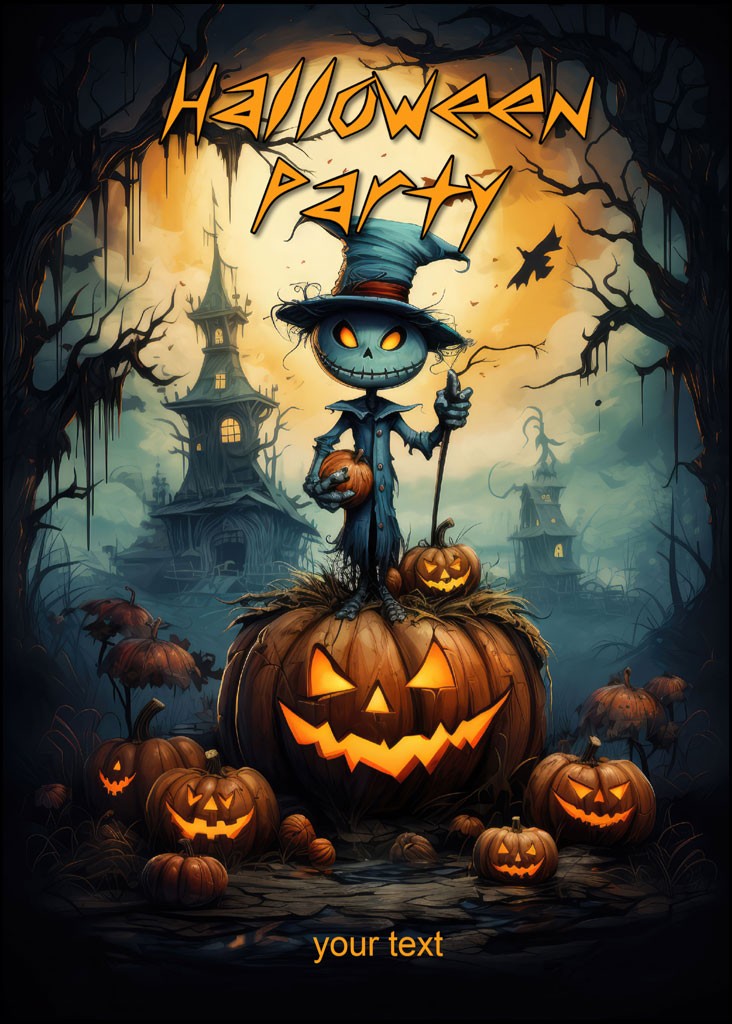 Halloween party invitation with cartoon skeleton and pumpkins