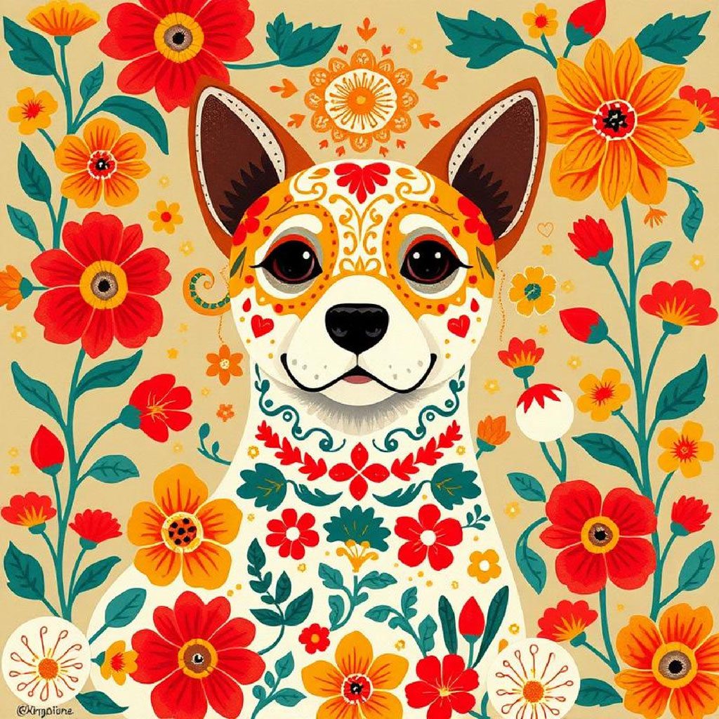 Woman in red dress standing in a field of flowers with a white llama