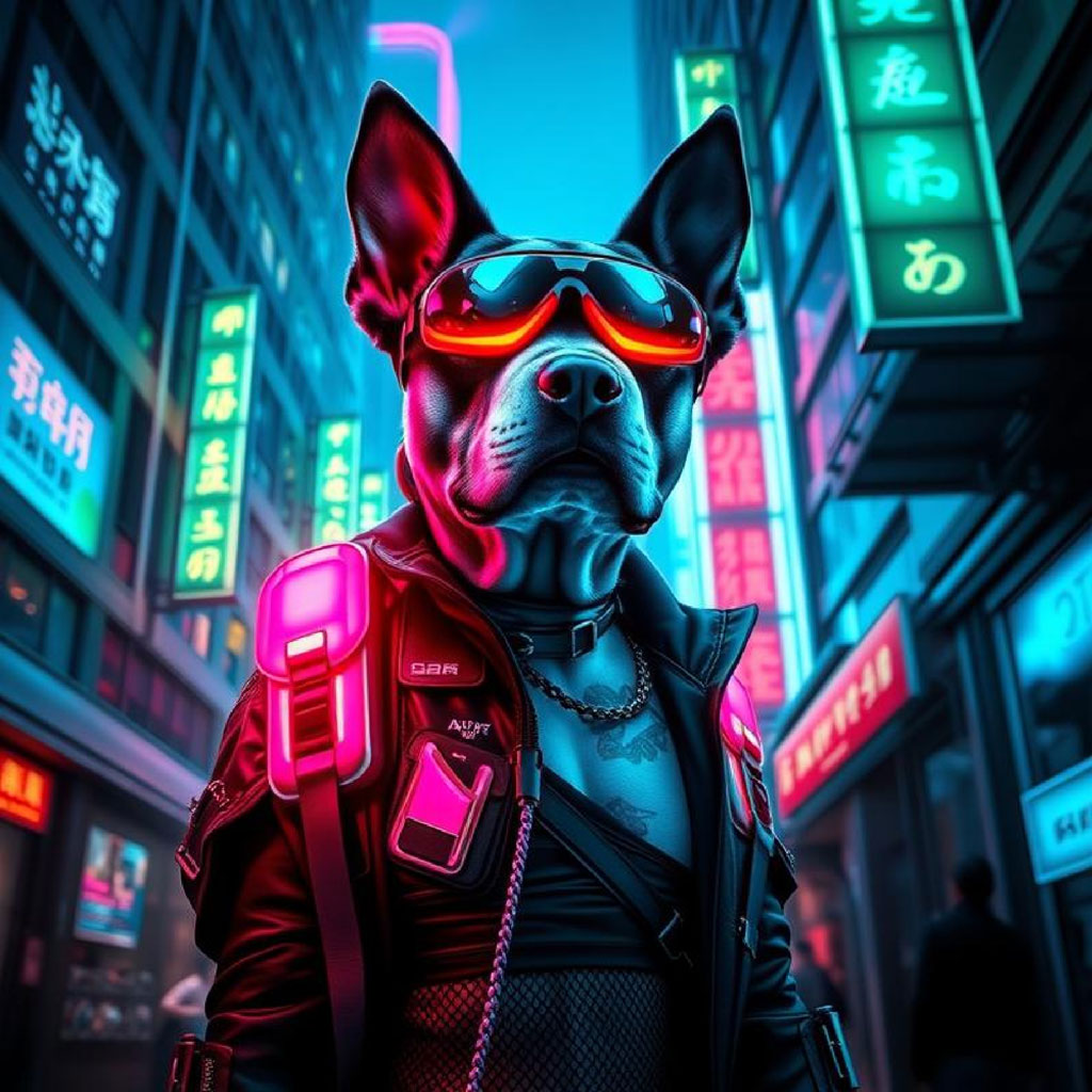 Man in futuristic attire with neon goggles in a city with neon signs