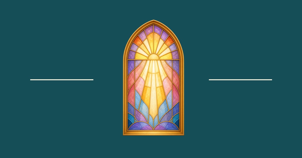 Stained glass window illustration centered on a teal landscape background with thin lines on each side.