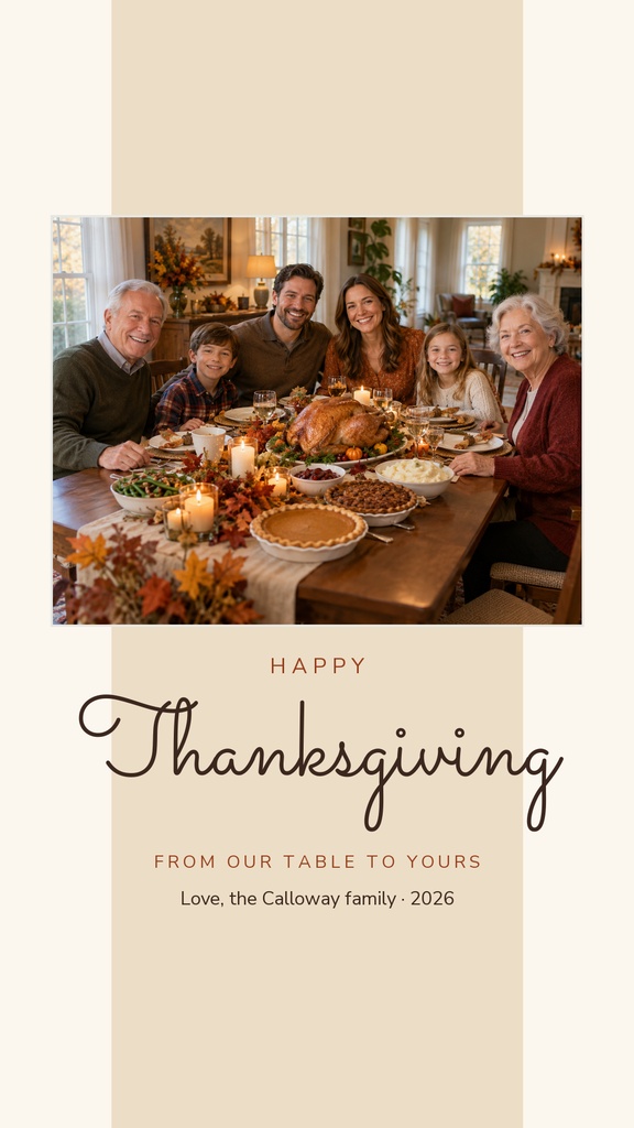 Family gathered around a Thanksgiving table with a turkey, candles, and autumn decor on a portrait story card