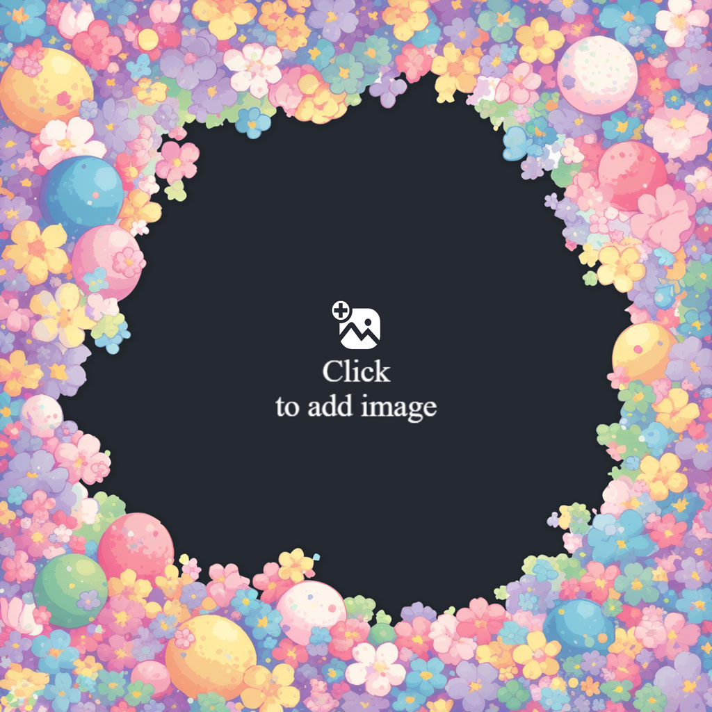 A colorful floral frame with pastel flowers and eggs surrounding a black center.