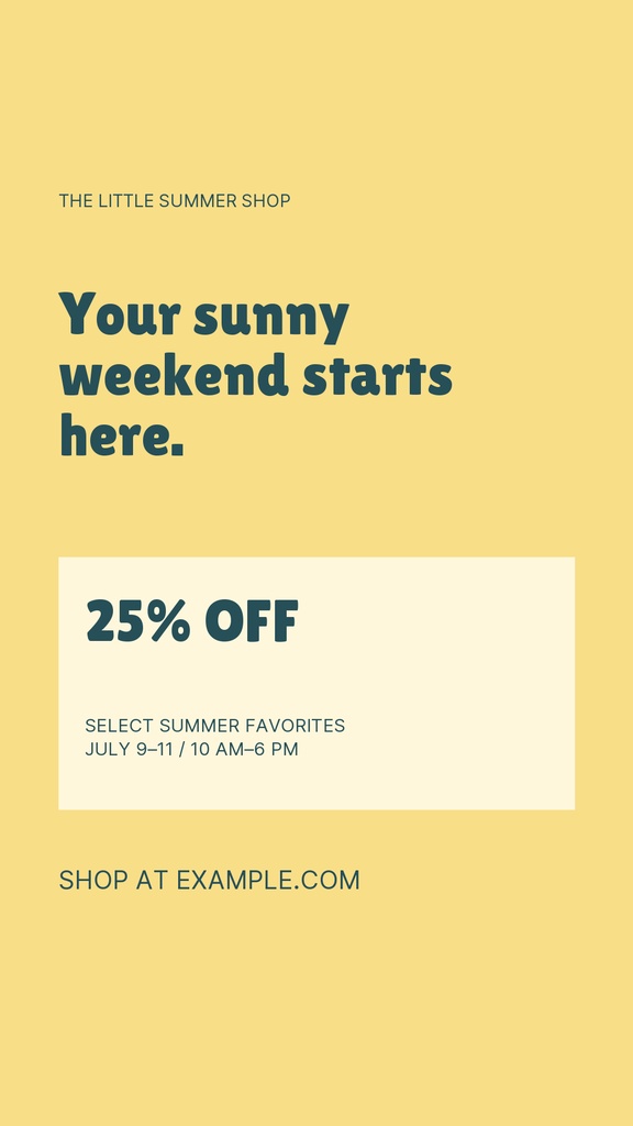 Instagram story template with a yellow background, bold summer sale text, and a 25% off offer block.