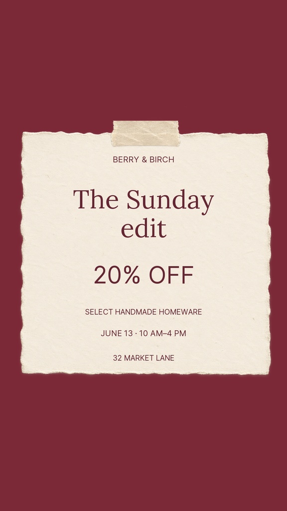 Portrait Instagram story template with maroon background and cream paper-style sale notice.
