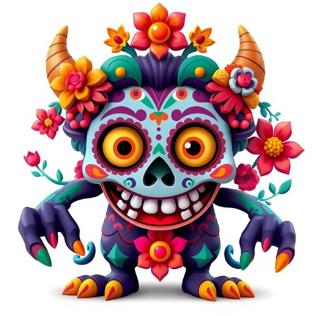 A cartoon creature with a sugar skull head, horns, and floral decorations