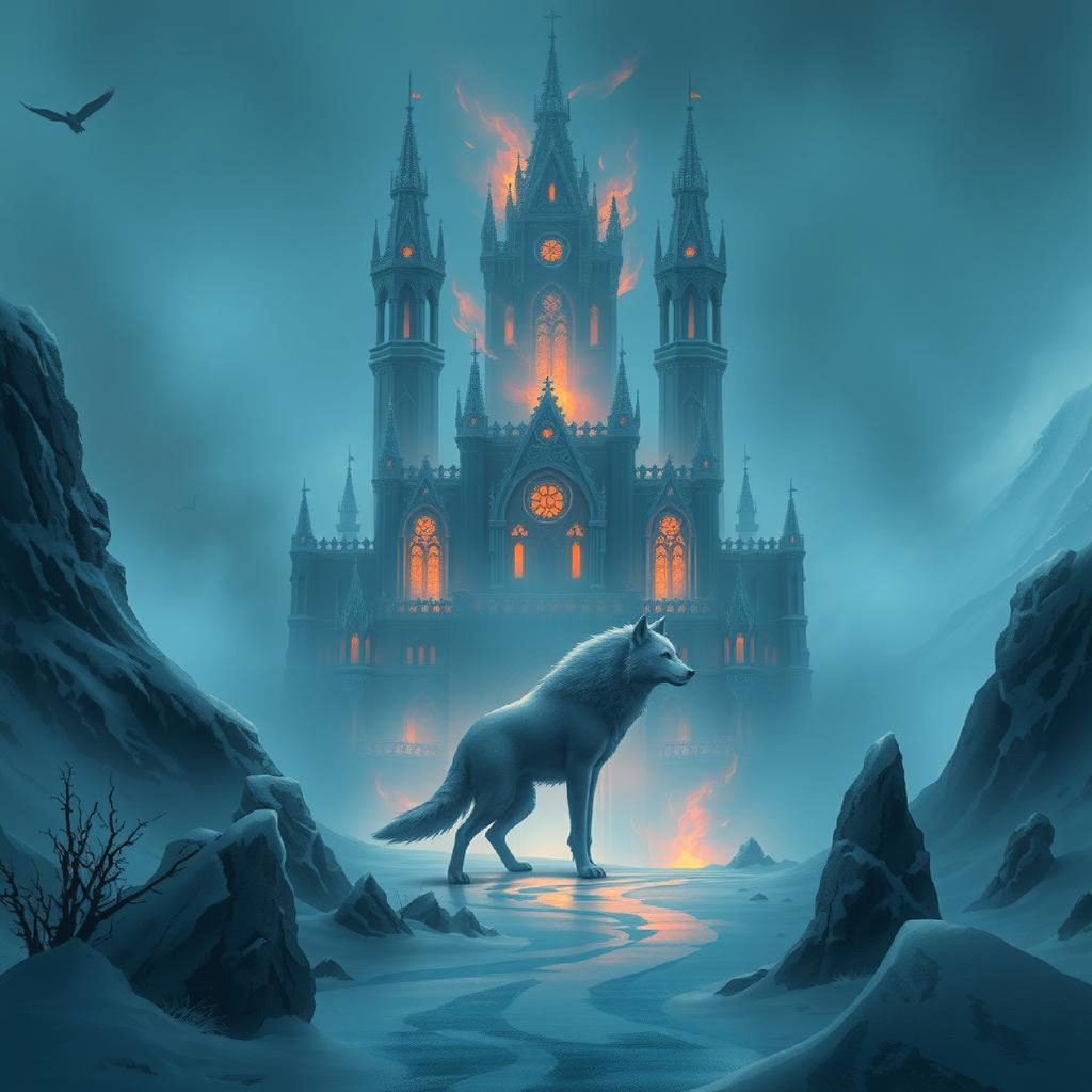 A large, gothic-style castle with orange-lit windows stands in the background, surrounded by fog and icy terrain, with a white wolf standing