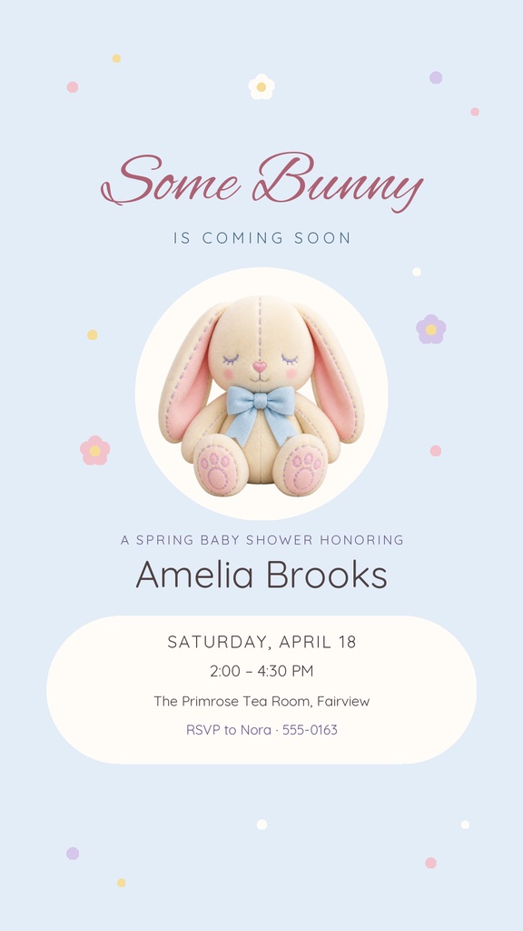 Pastel blue baby shower story template with a plush bunny and spring floral accents.