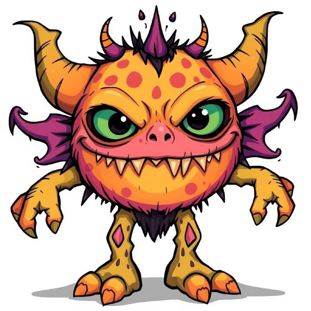 A colorful cartoon monster with green eyes and sharp teeth.