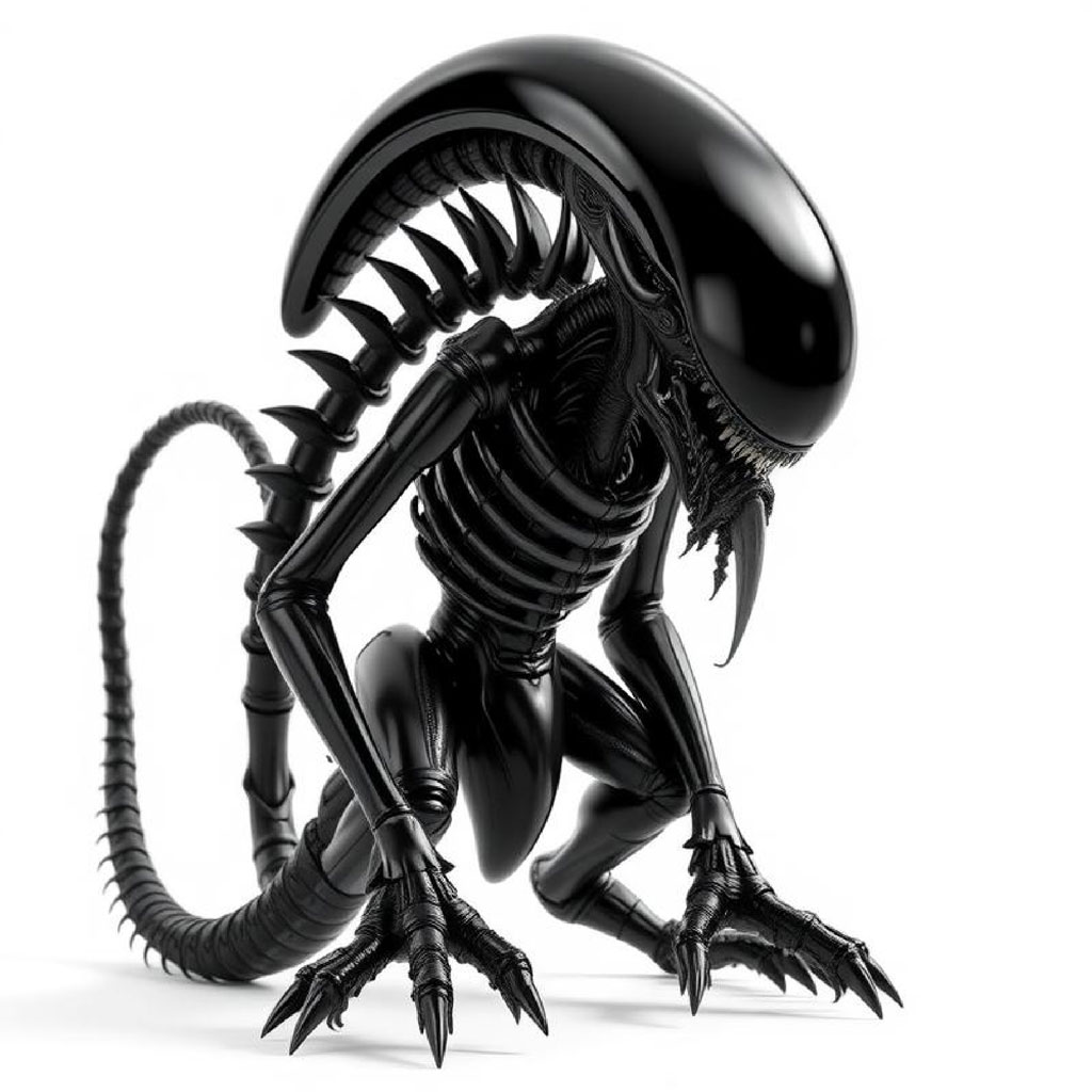 Xenomorph alien creature in a crouched position, showcasing its sharp claws and distinctive head
