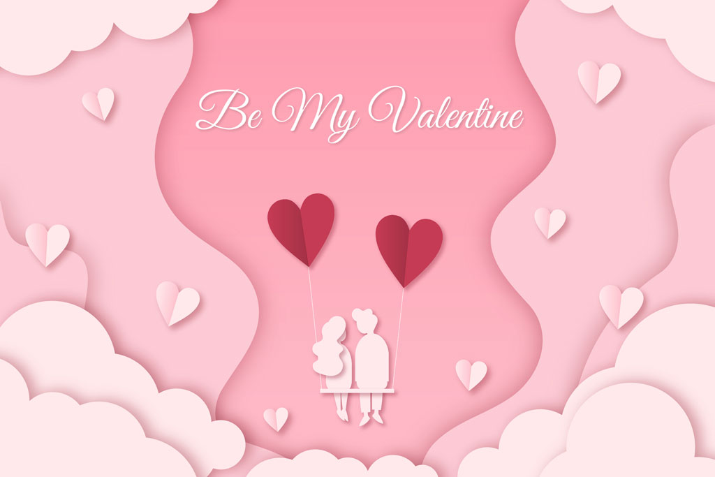Valentine's Day illustration of a couple on a swing with heart-shaped balloons