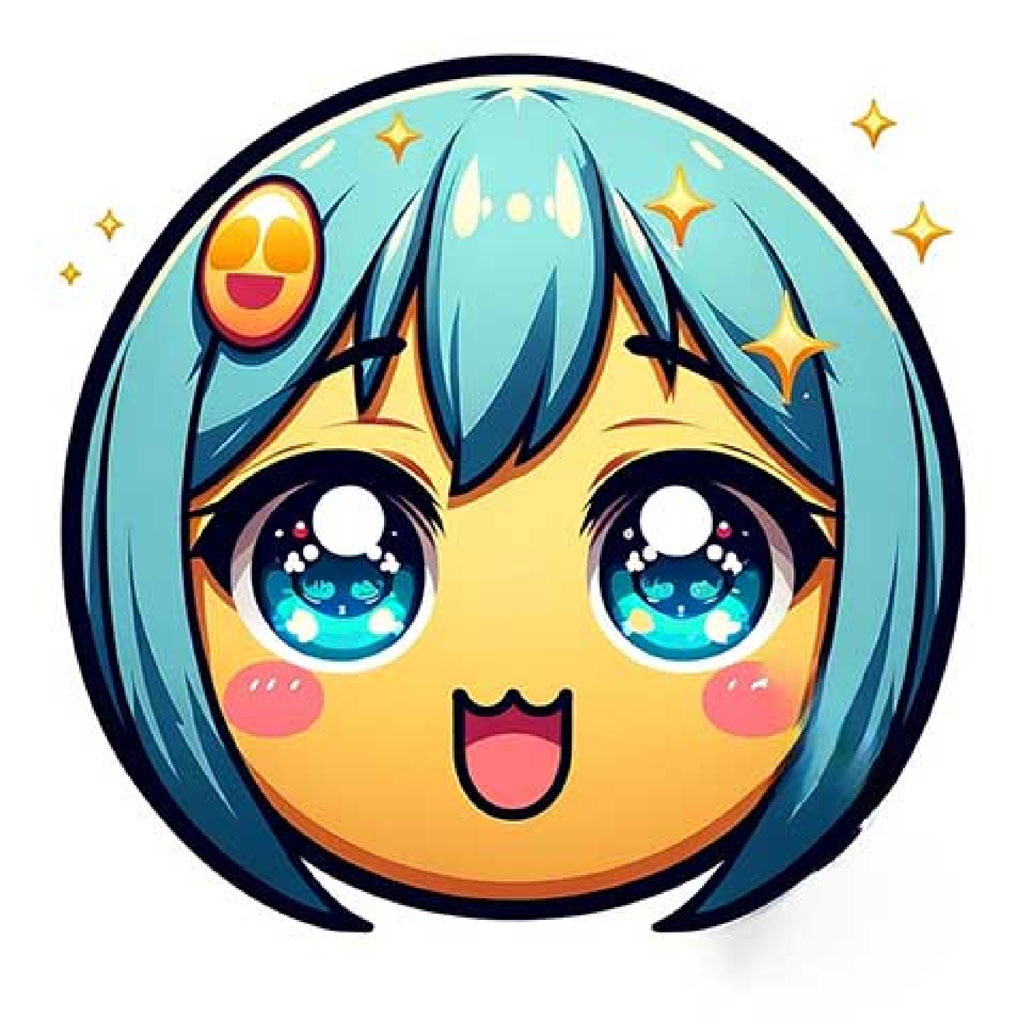 A cartoon character with blue hair and big, shiny eyes, smiling and surrounded by golden stars.