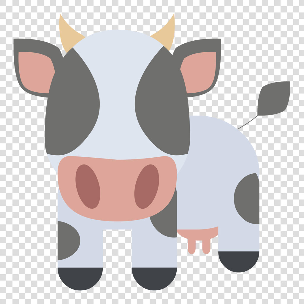A cartoon cow with gray and black spots on a white background