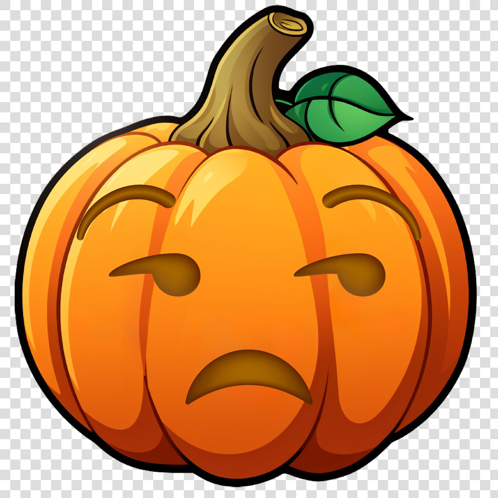 A cartoon pumpkin with a sad face and a green leaf on top