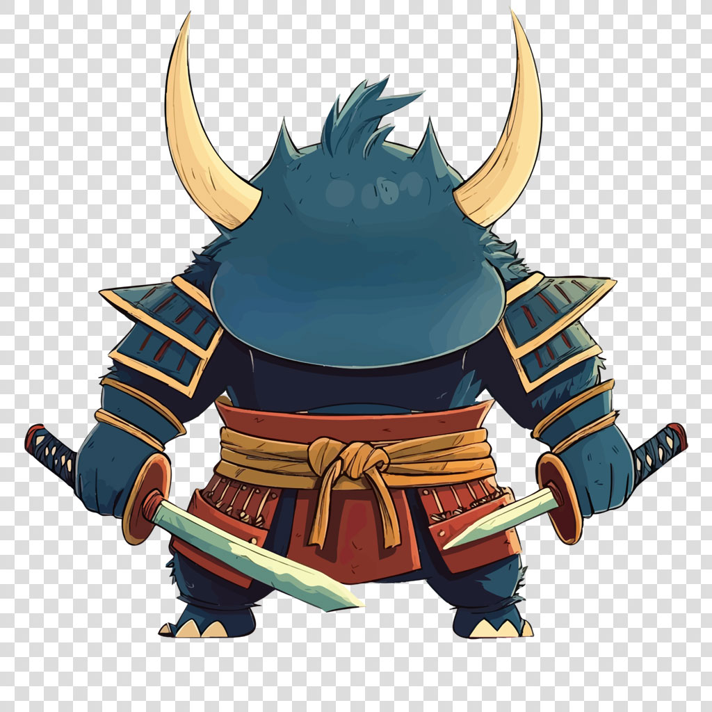 A cartoon minotaur in samurai armor holding two swords.