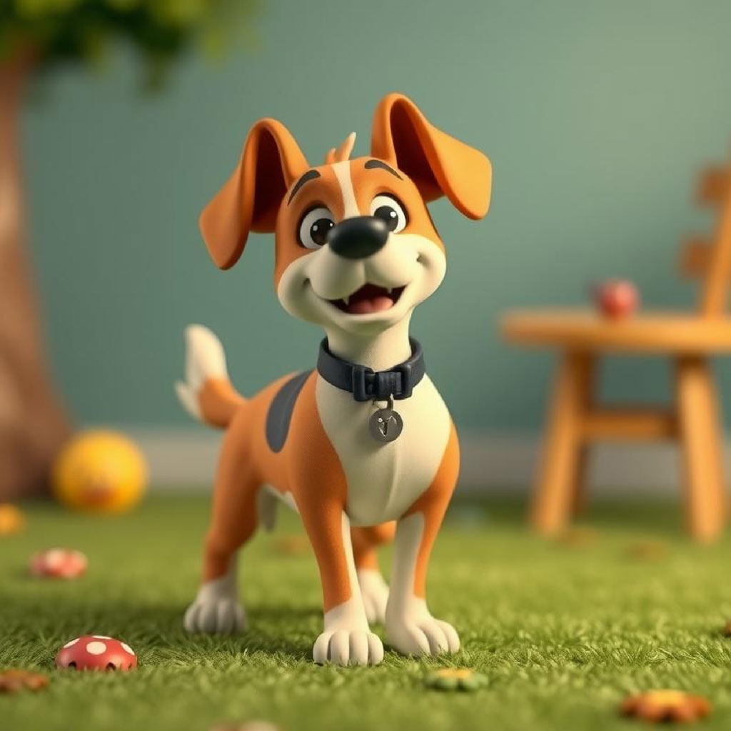 A cartoon boy crouching next to his dog in a yard