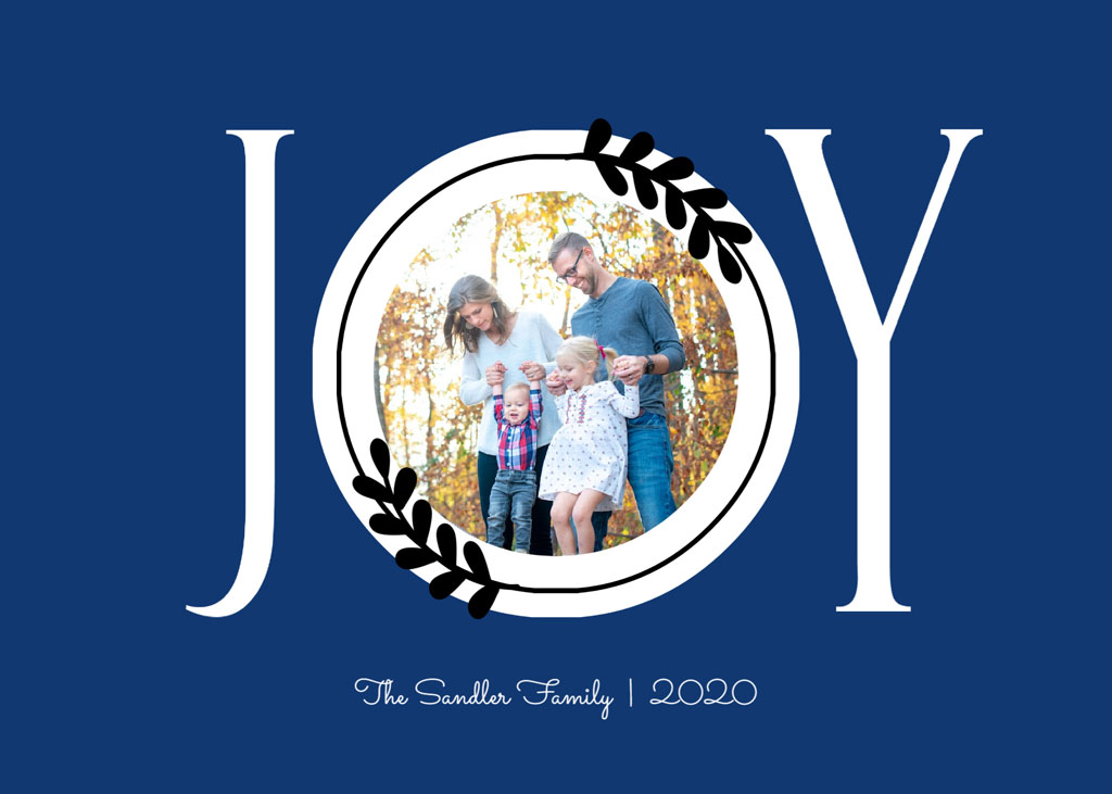The Soekler Family posing together in a circular frame with autumn leaves, surrounded by the word JOY on a blue background.