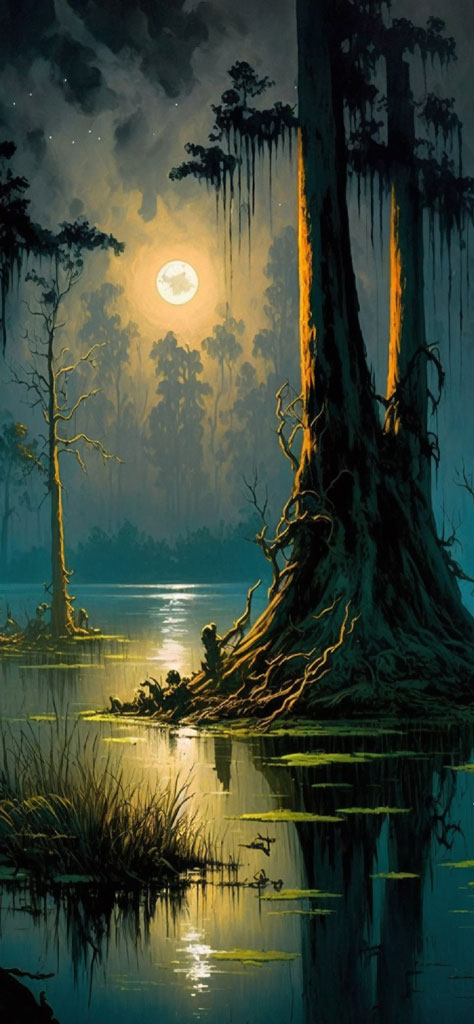A swampy landscape with a large tree in the foreground and a full moon shining through the trees
