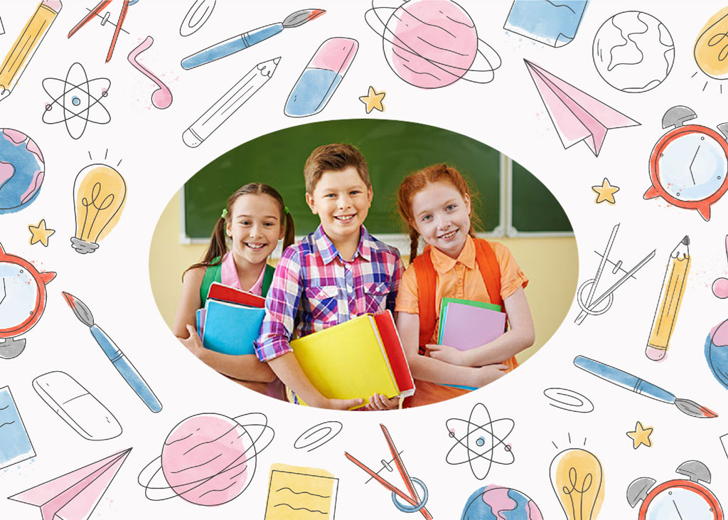 Three happy students with books and backpacks