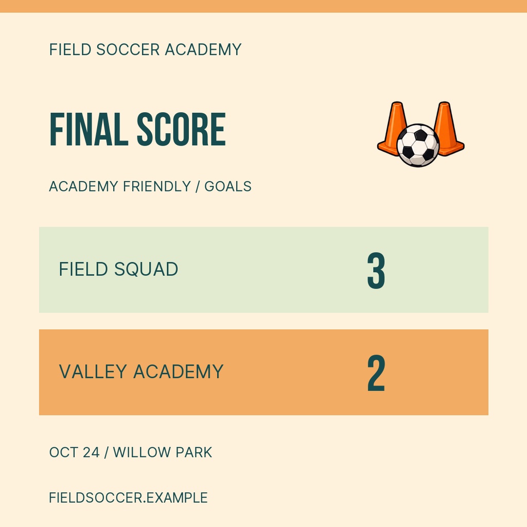 Square youth soccer score post showing a final score of 3 to 2 with soccer balls and cones icon.