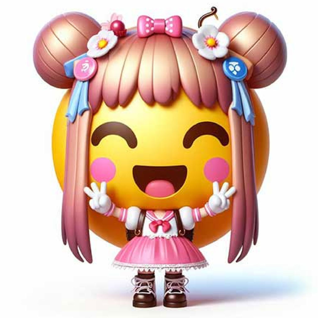 A smiling emoji with pink hair buns and a pink dress making a peace sign.
