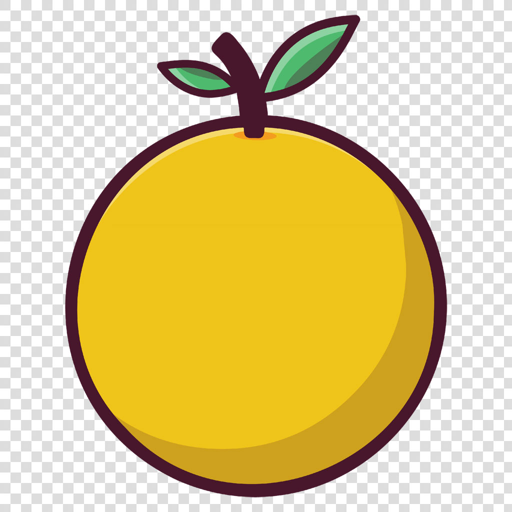 A cartoon-style yellow fruit with a stem and two green leaves.