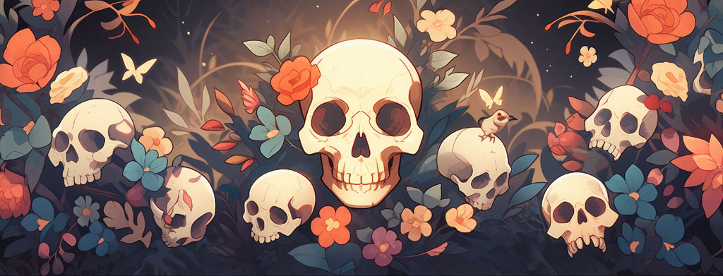 Skulls surrounded by colorful flowers and leaves
