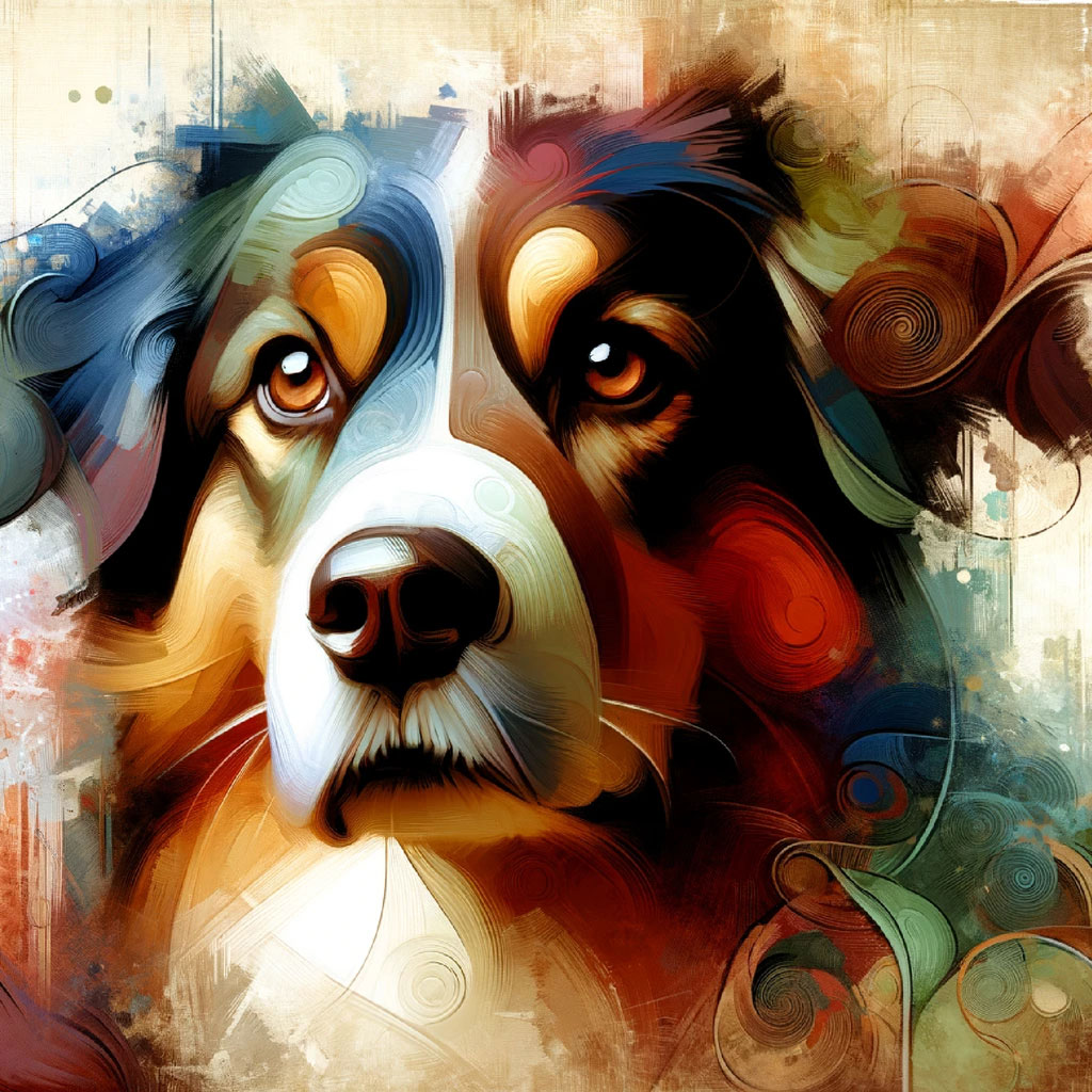 A stylized dog portrait with orange fur and perked ears