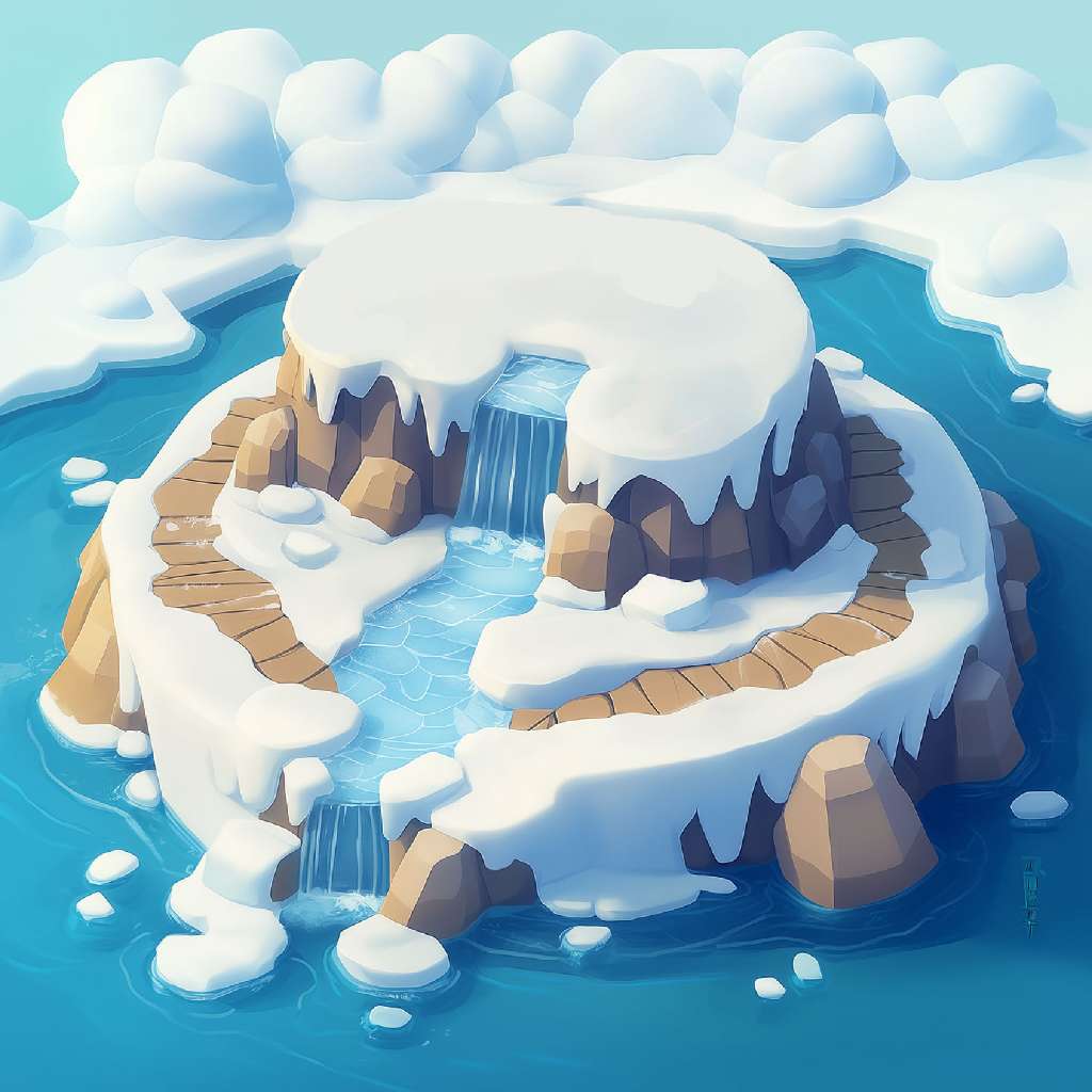 Illustration of a snowy island with a lake and waterfalls