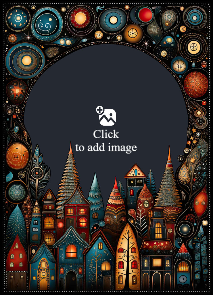 Family of four in a forest surrounded by a colorful, fantastical border