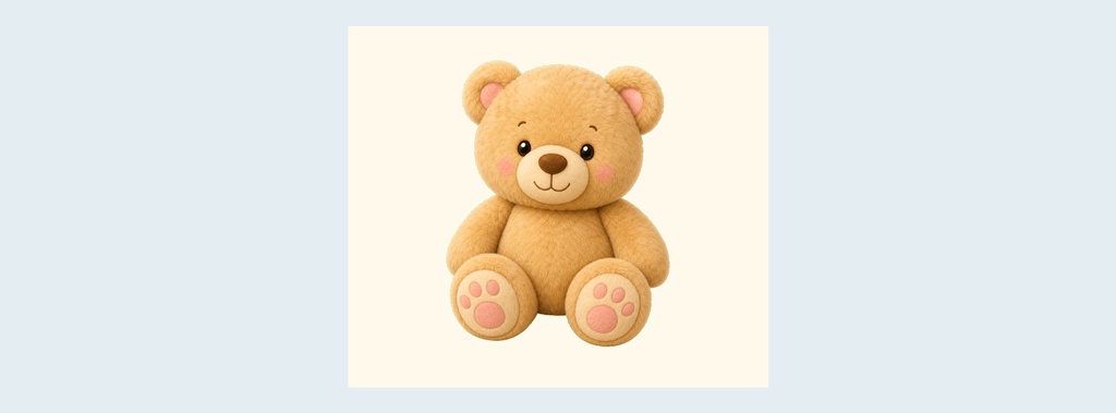 A plush teddy bear sitting on a soft blue background.