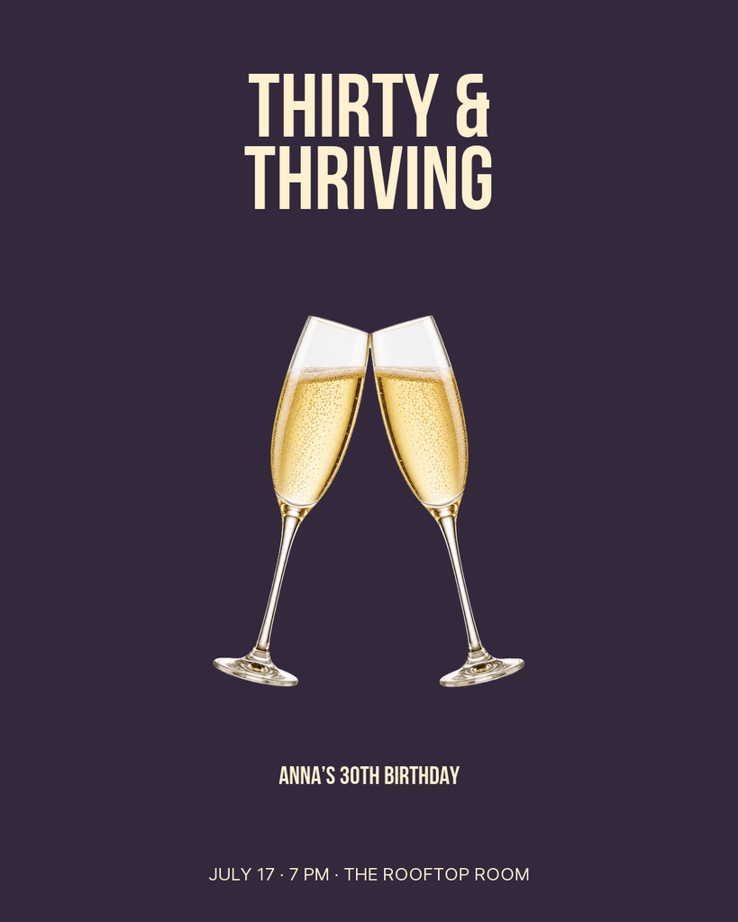 Champagne glasses clinking under the words Thirty & Thriving on a dark background.