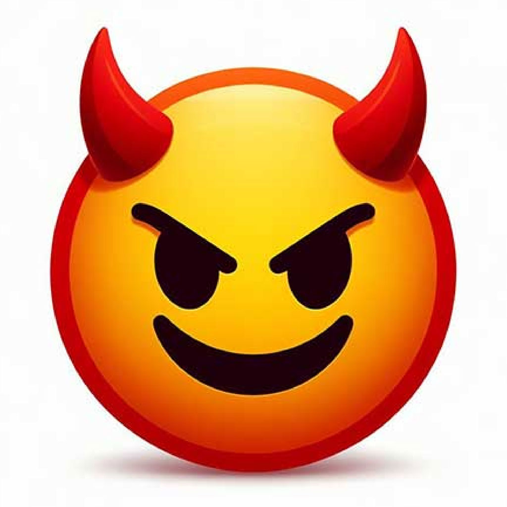 A 3D rendering of a red devil figurine with a smiling face and horns.