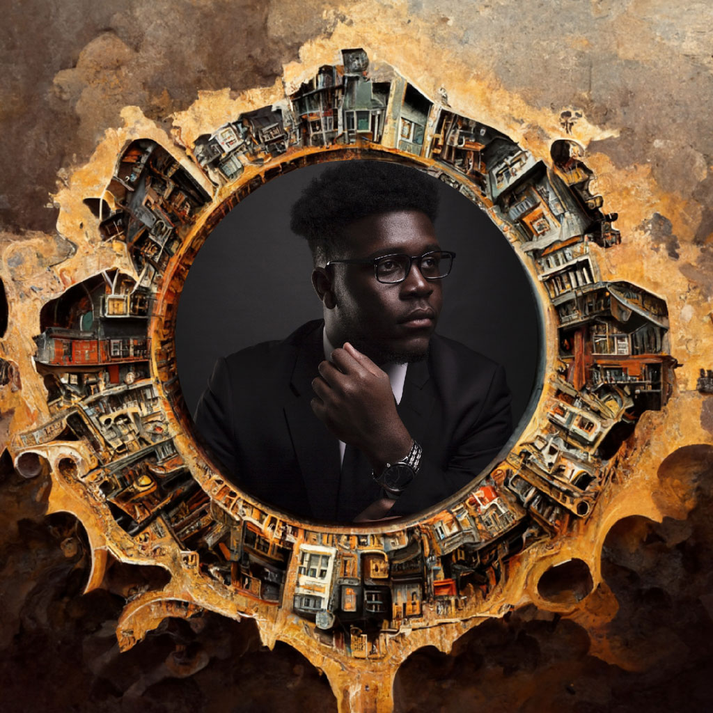 Man in suit surrounded by architectural collage