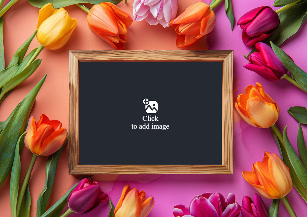 Tulips surrounding a blackboard on a pink background