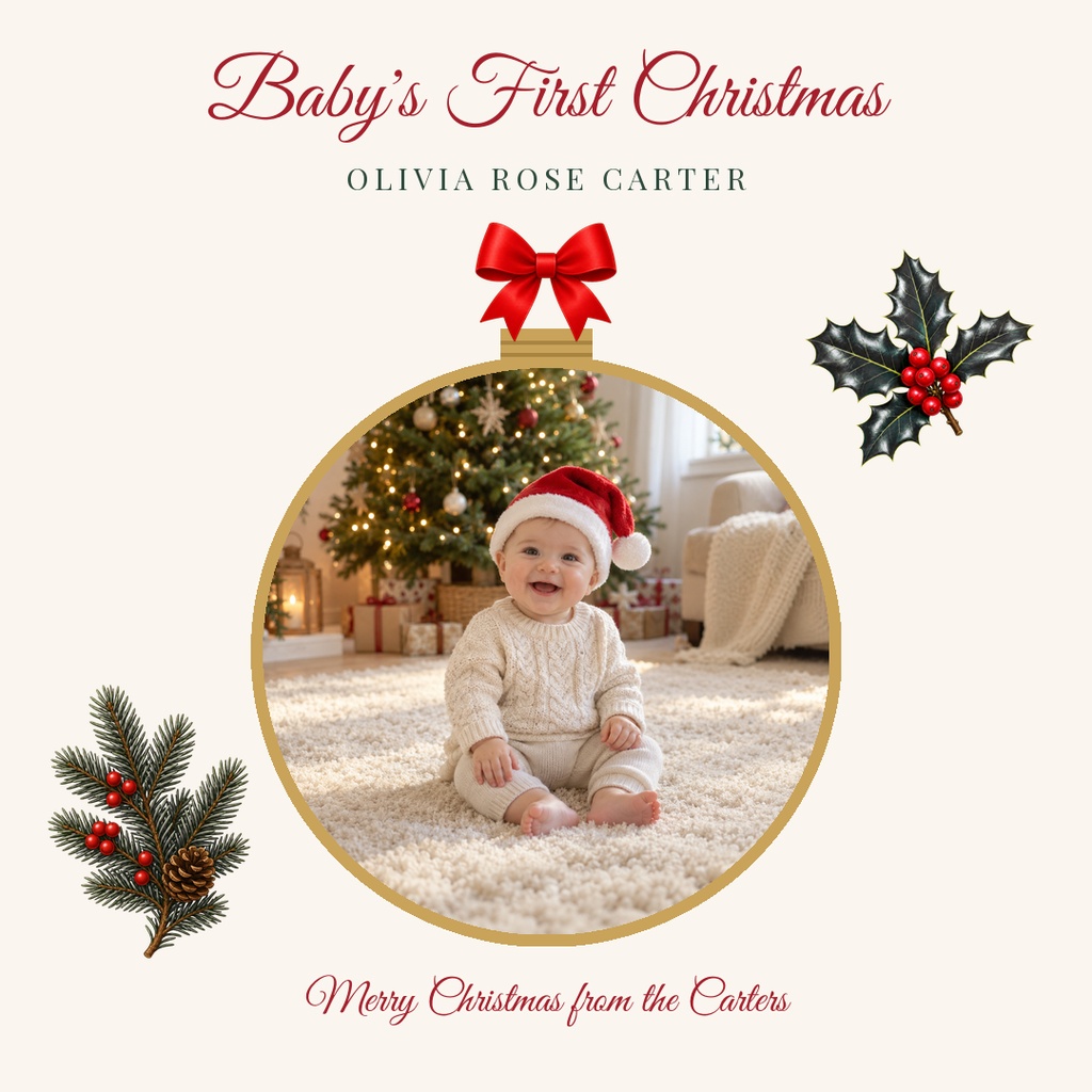 A baby sitting in a Christmas setting with a bow, holly, and holiday greeting text.