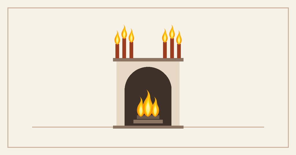 Minimal fireplace with four lit candles on top and a flame burning in the hearth.