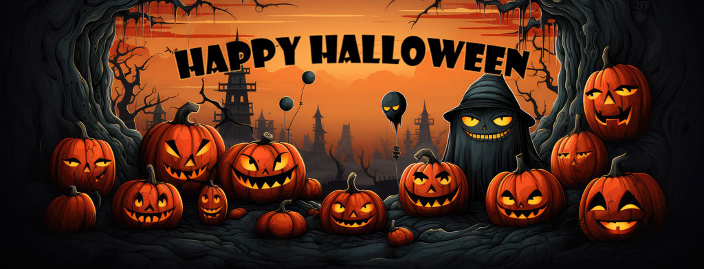 Halloween pumpkins with a hooded figure in the background